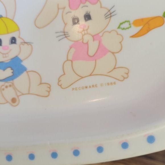 Vintage 1986 Peco Divided Childs Plate  and Bowl Set Turtle Bunnies Mushrooms - Picture 7 of 12